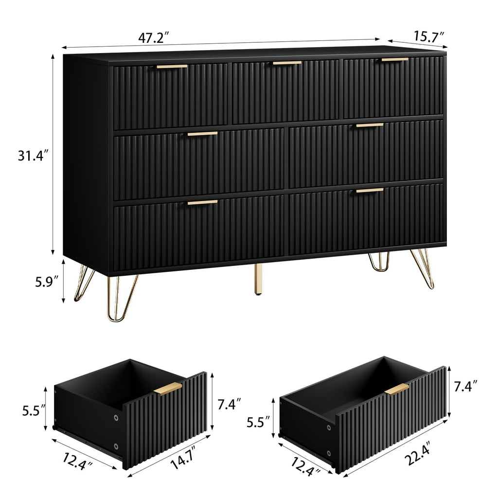 Black 7 Drawer Fluted Dresser with Gold Handles