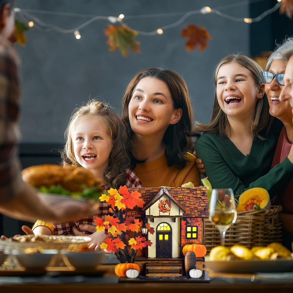 Wooden Lighted Thanksgiving Village House Tabletop Decoration Handcrafted Wood Autumn Harvest Sign Battery Operated