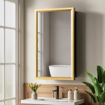 14" x 24" Gold Medicine Cabinets with Mirror, Aluminum Alloy Framed Mirror, Recessed or Surface Wall-Mounted Metal