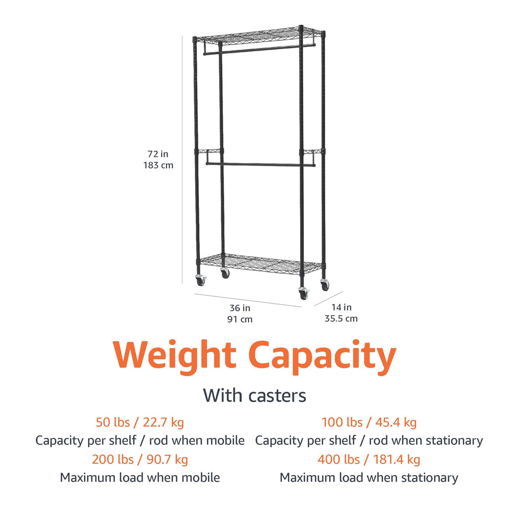 Adjustable Double Rod Rolling Garment Rack, Hanging Clothes Closet Organizer with Wheels, Heavy Duty, 36" x 14" x