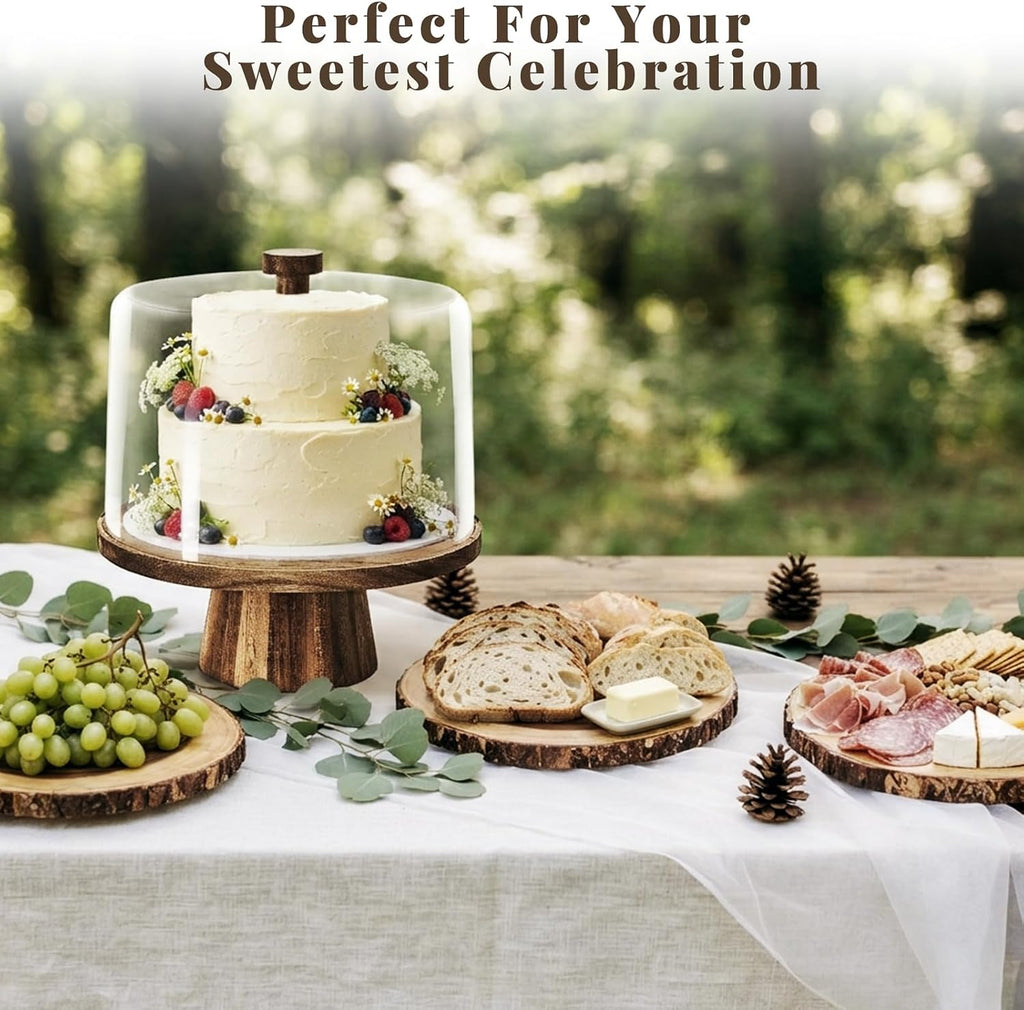 3-in-1 Acacia Wood 11 inch Cake Stand with Tall Acrylic Lid