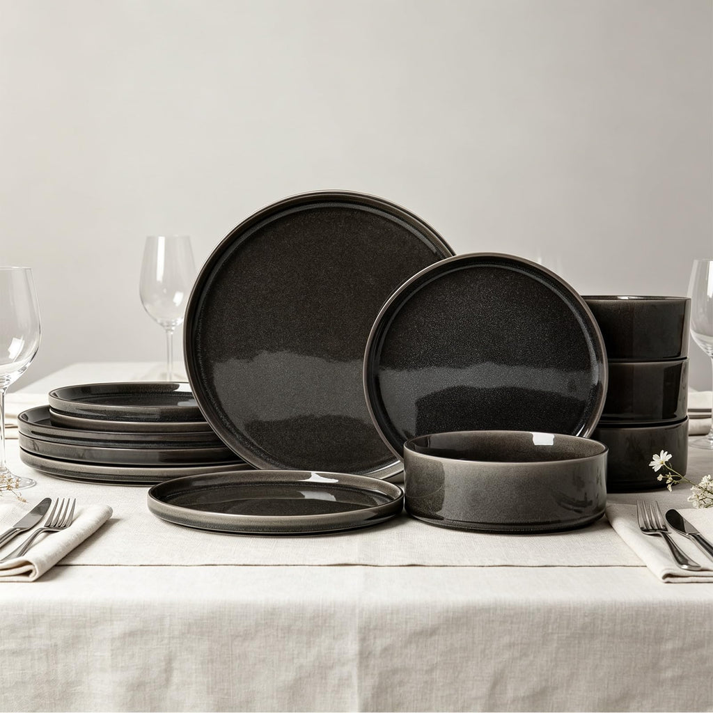 Dinnerware Sets for 4, 12 pcs Reactive Glaze Plates and Bowls Sets, Black
