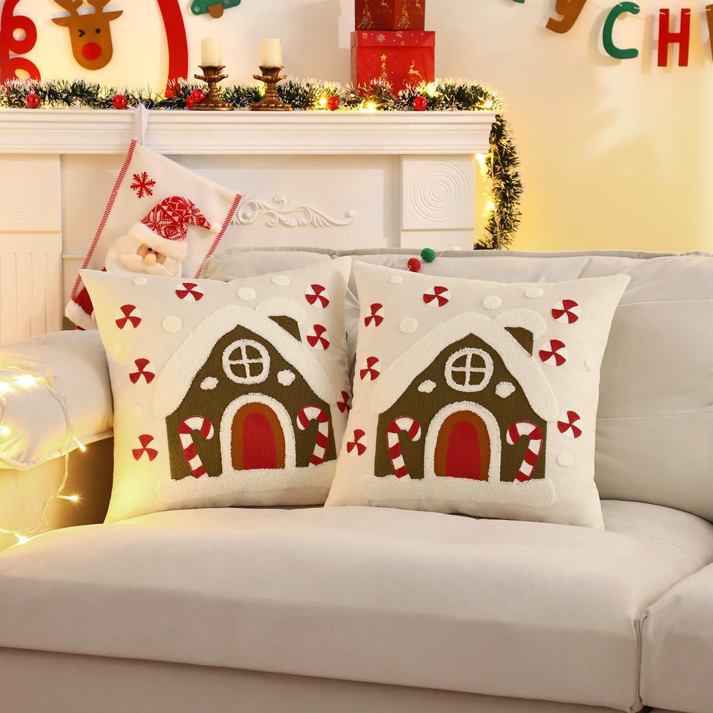 Christmas Pillow Covers 18x18 Snowflakes and House Decorative Throw Pillows Winter Holiday Merry Christmas - Set of 2