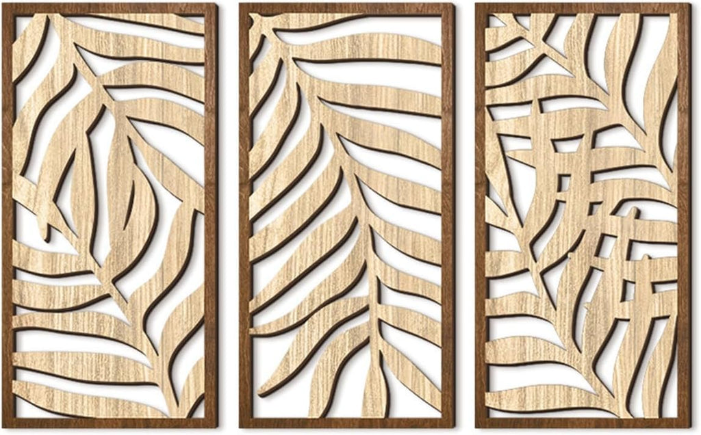 Wooden Geometric Wall Art, Modern Wood Wall Sculpture Panels with 3D Hollow Craft Art, Farmhouse Abstract Hanging - Set of 3