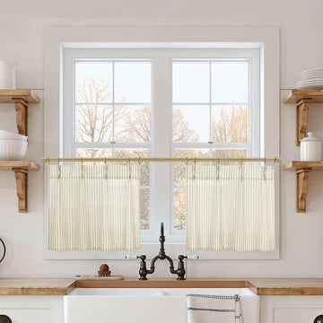 Christmas Kitchen Curtains,Farmhouse Red and Off White Striped Linen Cotton Small Cafe Cabin Curtain for Window