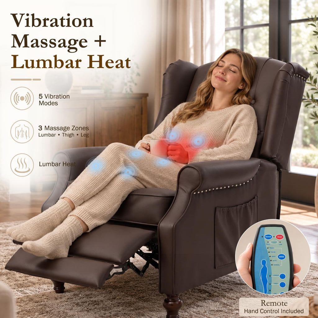 Wingback Recliner Chair, Massage & Heat, Faux Leather, Brown