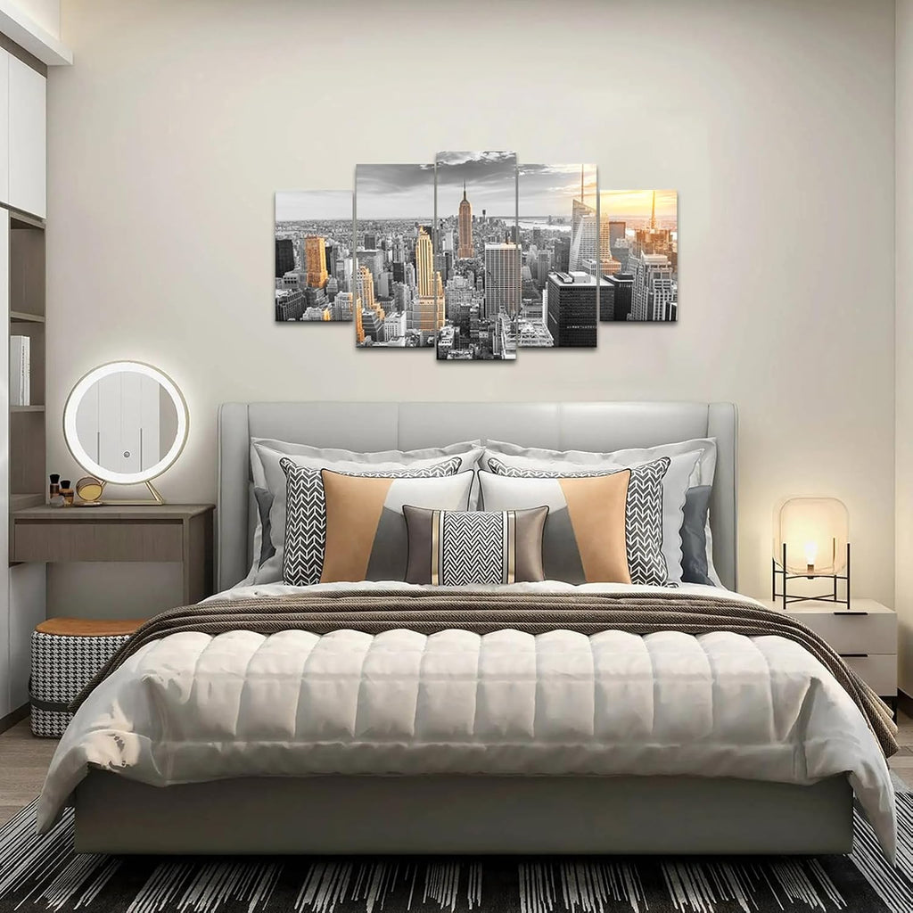 Large Size 5 Pcs New York Skyline Wall Art Canvas City in Sunrise Painting Pictures Modern Cityscape Artwork Office