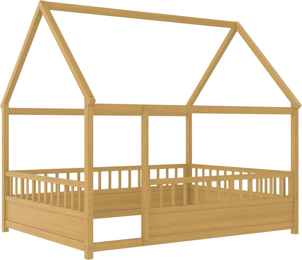 House Bed Frame with High Fence, Natural
