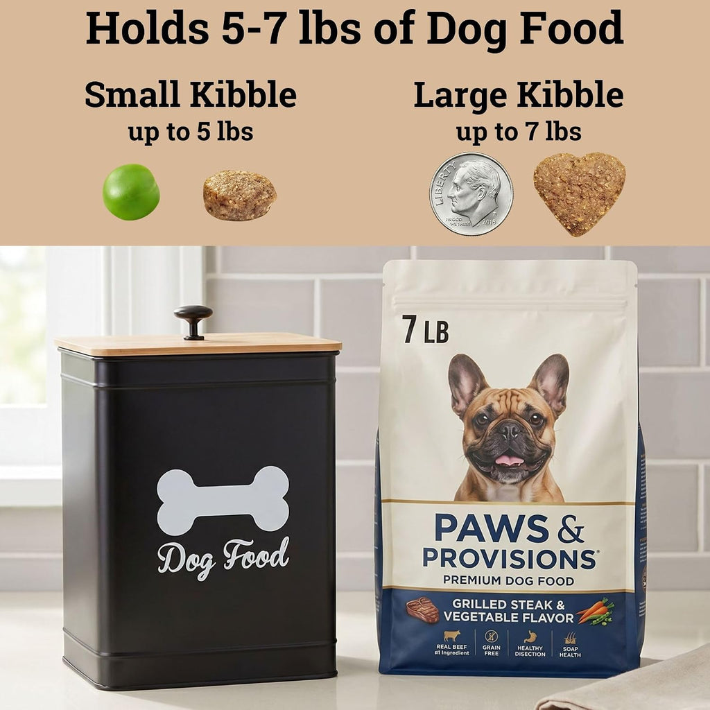 Metal Dog Food Container 5-7lb, 25 Cup w/ Airtight Bamboo Lid, Metal Handle