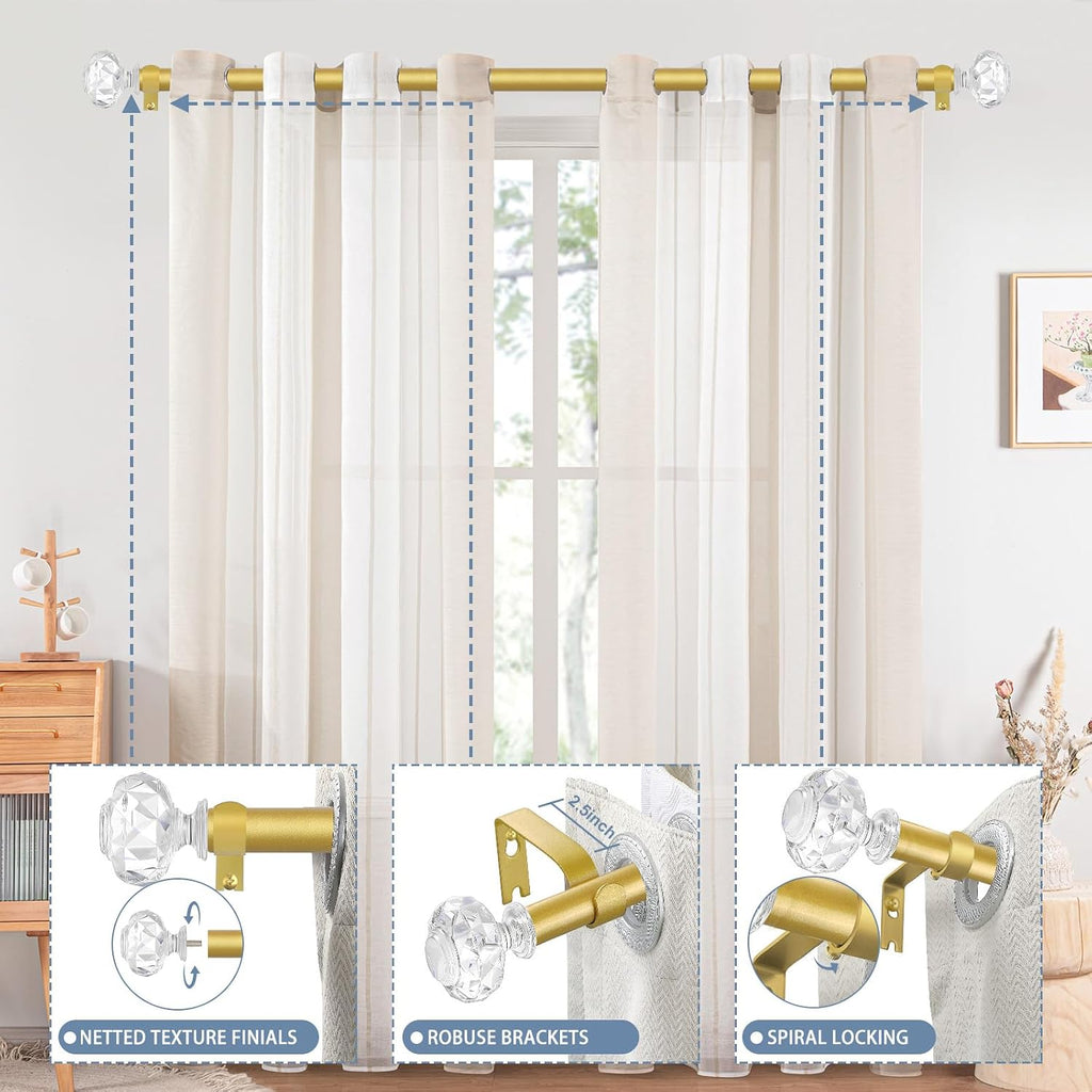 Gold Decorative Crystal Curtain Rods:36-88 Inch Heavy Duty Adjustable Window Curtain Rods for Bedroom Living Room