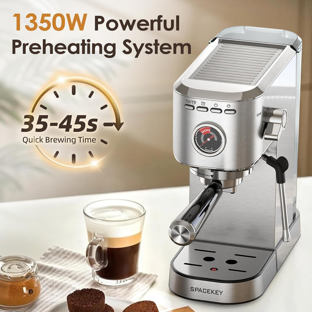 Espresso Machine with Milk Frother, 20 Bar Compact Expresso Coffee Machines , Stainless Steel Espresso Maker with