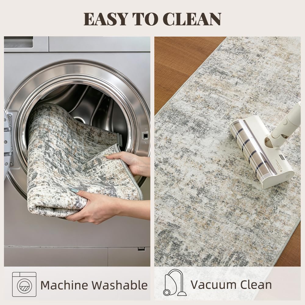 Grey Beige Runner Rug, Washable Carpet