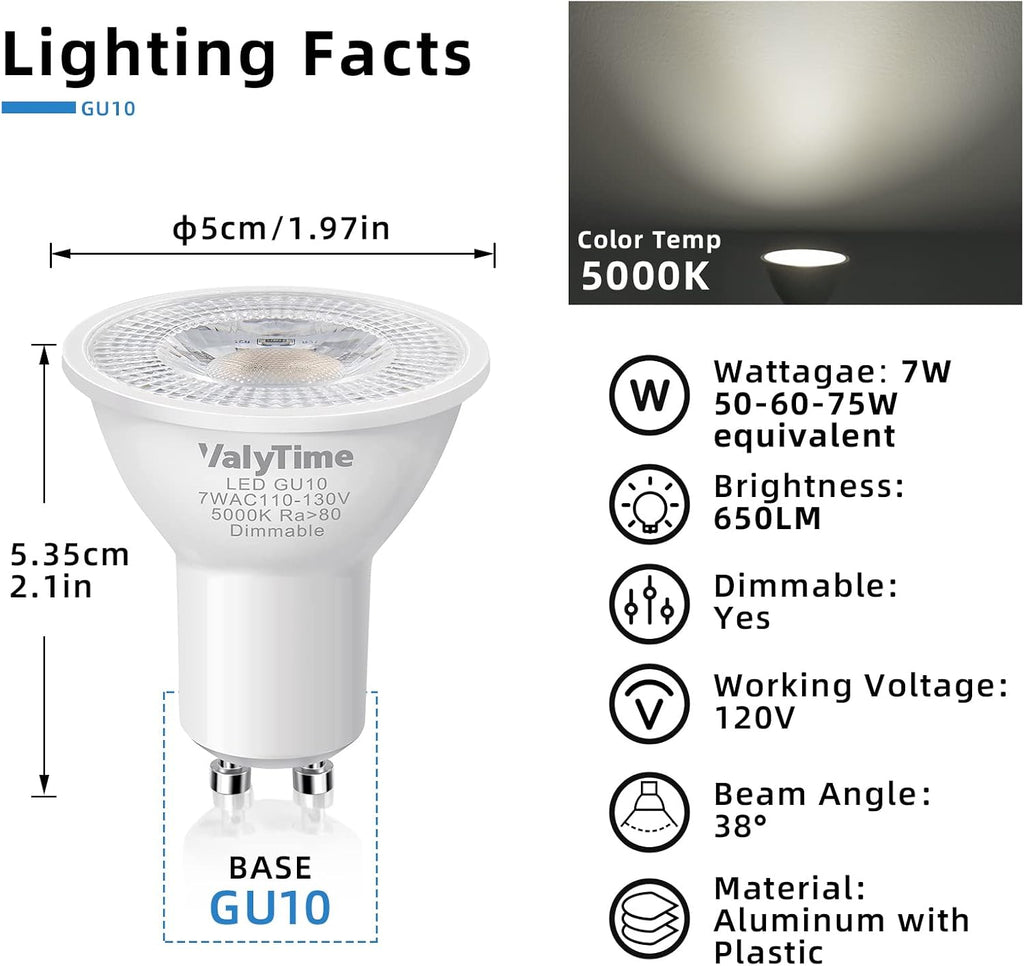 Dimmable GU10 LED Bulbs 7W(50W -60W-75W Equivalent) GU10 Light Bulbs Gu10 Shape Halogen Replacement Bulb 38°120V