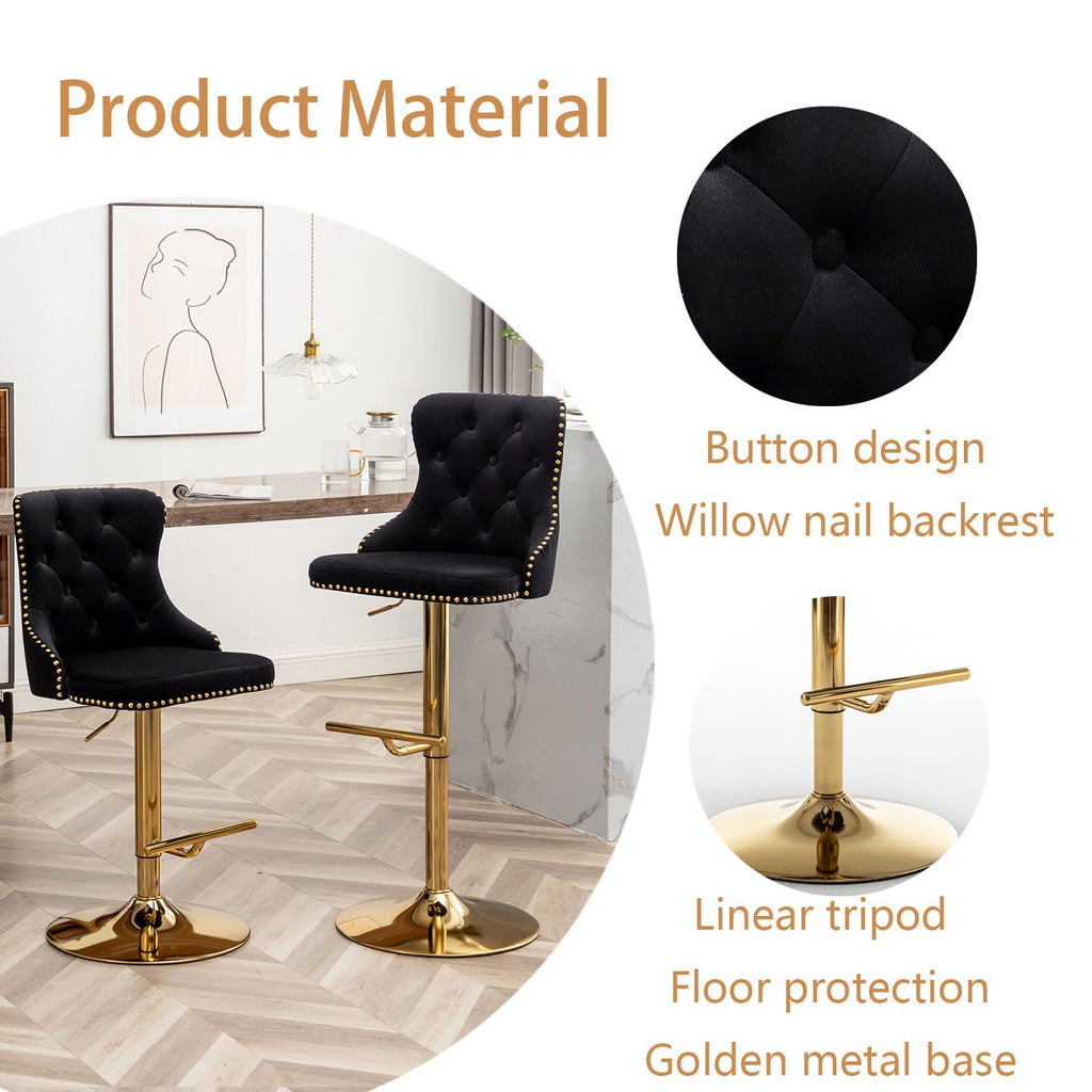 Swivel Bar Stools Set of 4, Counter Height Bar Stools with Button & Nailheads Trim, Gold Velvet Barstools Island, Pub
