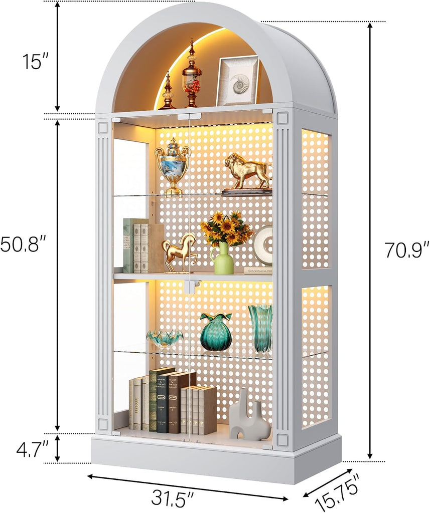 71" Arched Display Cabinet with Glass Doors and LED, 5-Tier Curio Cabinet with Roman Line Design and Pegboard, Glass