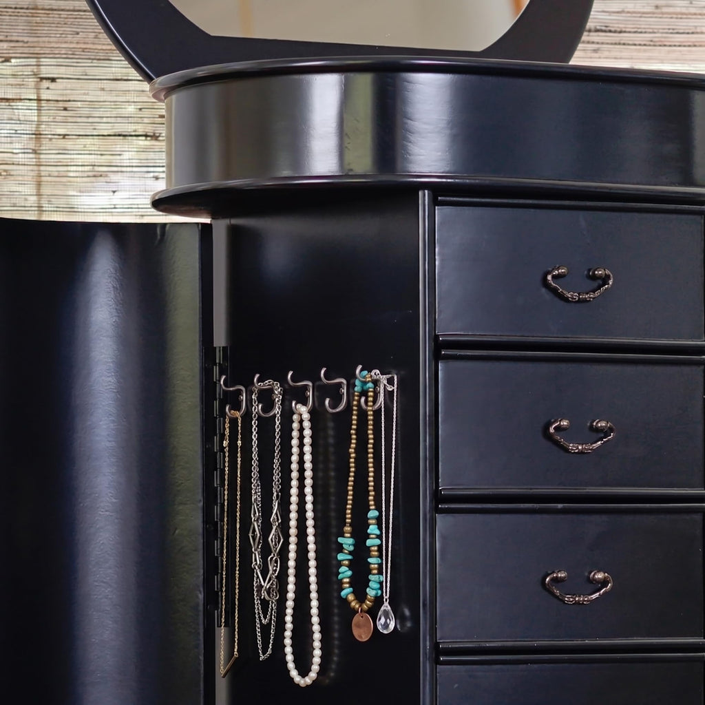 Daley Oval Jewelry Armoire, Stylish Standing Organizer with Mirror, 7 Drawers, 20 Necklace Hooks, Anti-Tarnish