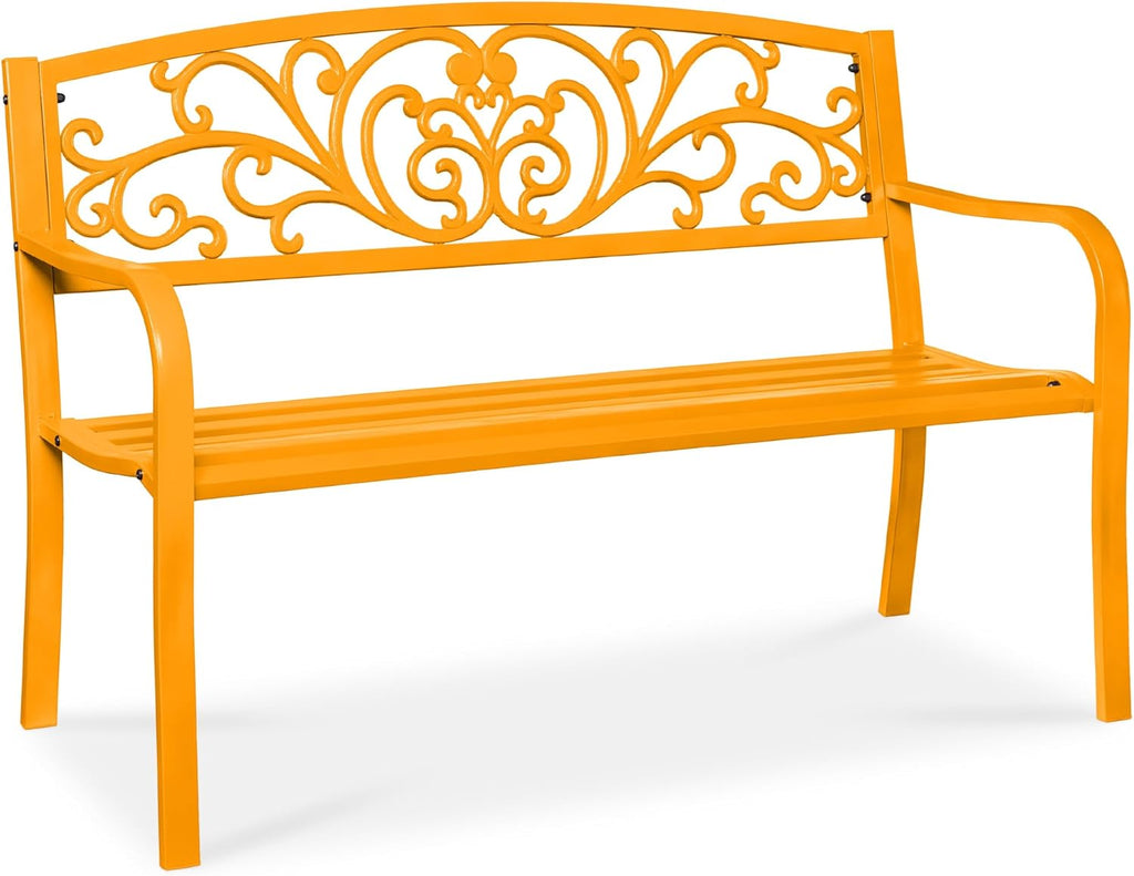 Outdoor Bench Steel Garden Patio Porch Furniture for Lawn, Park, Deck w/Floral Design Backrest, Slatted Seat