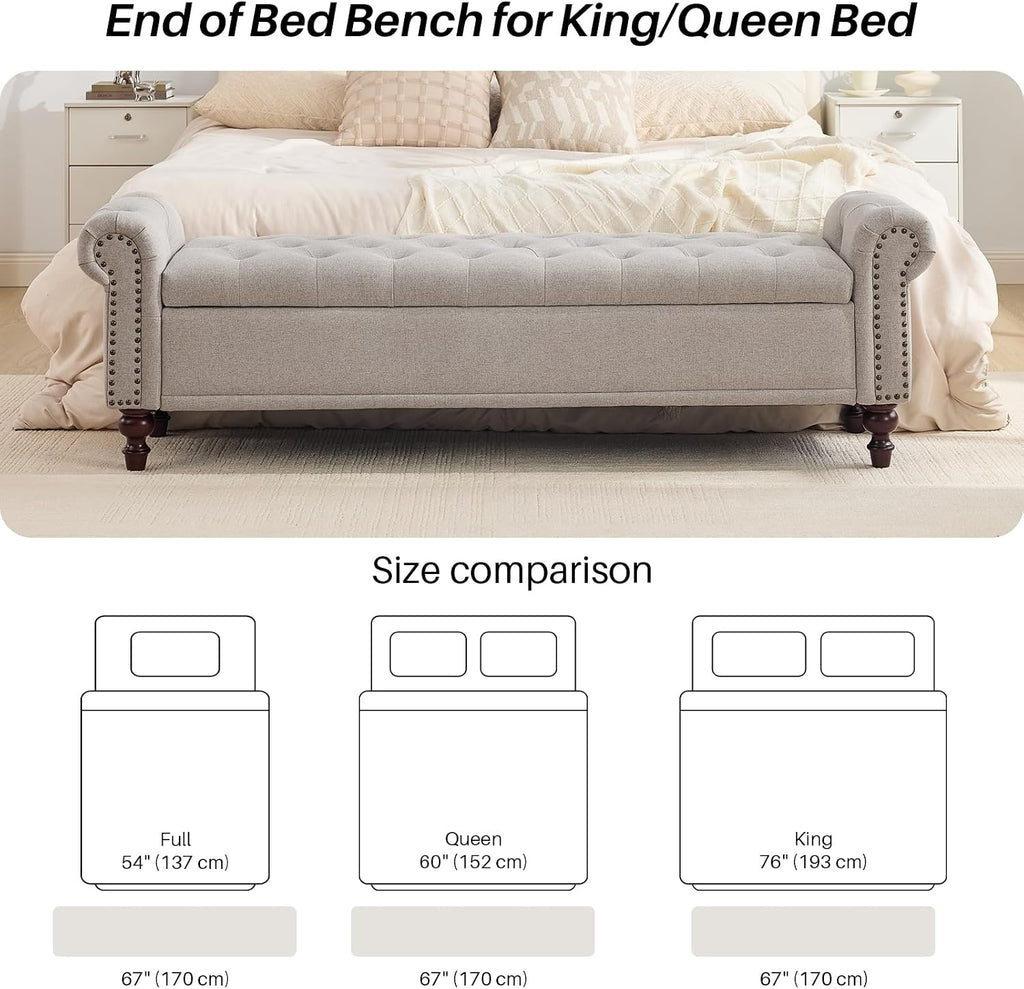 67" Storage Bench , Linen Upholstered, Light Brown | King Size End of Bedroom Bed Bench Ottoman with Tufted Cushioned