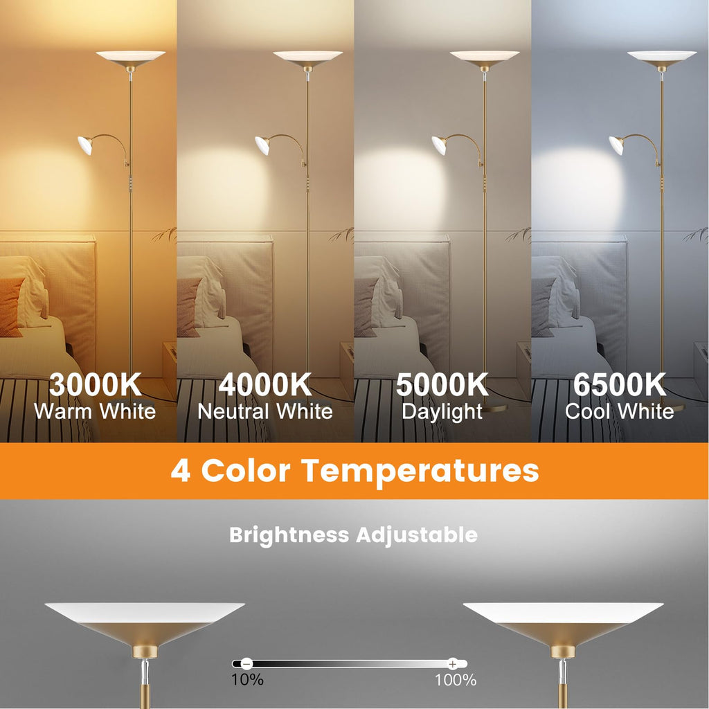 Gold Torchiere Floor Lamp - 2 Way LED Standing Lamp with Reading Light, Dimmable 72'' Tall Lamp with Remote Color