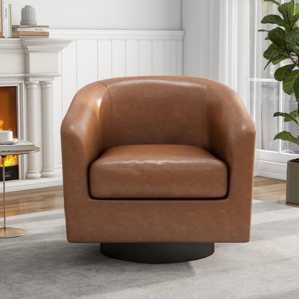 Swivel Accent Chair, PU Leather Upholstered Barrel Club Chair, Brown