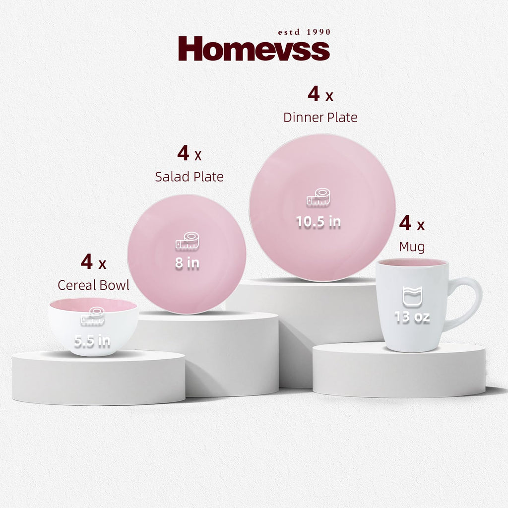 Stoneware Coupe Shape 16pc Dinnerware Set, Outside White + Inside Pink