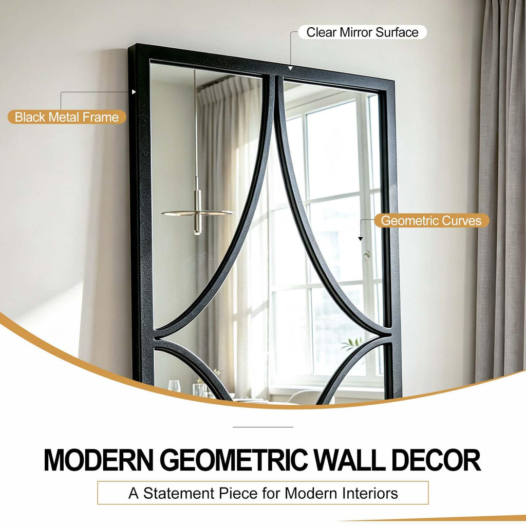 Set of 3 Black Wall Mirrors, Modern Geometric Decorative Mirror Set with Curved Line Design, Contemporary Wall Mirror