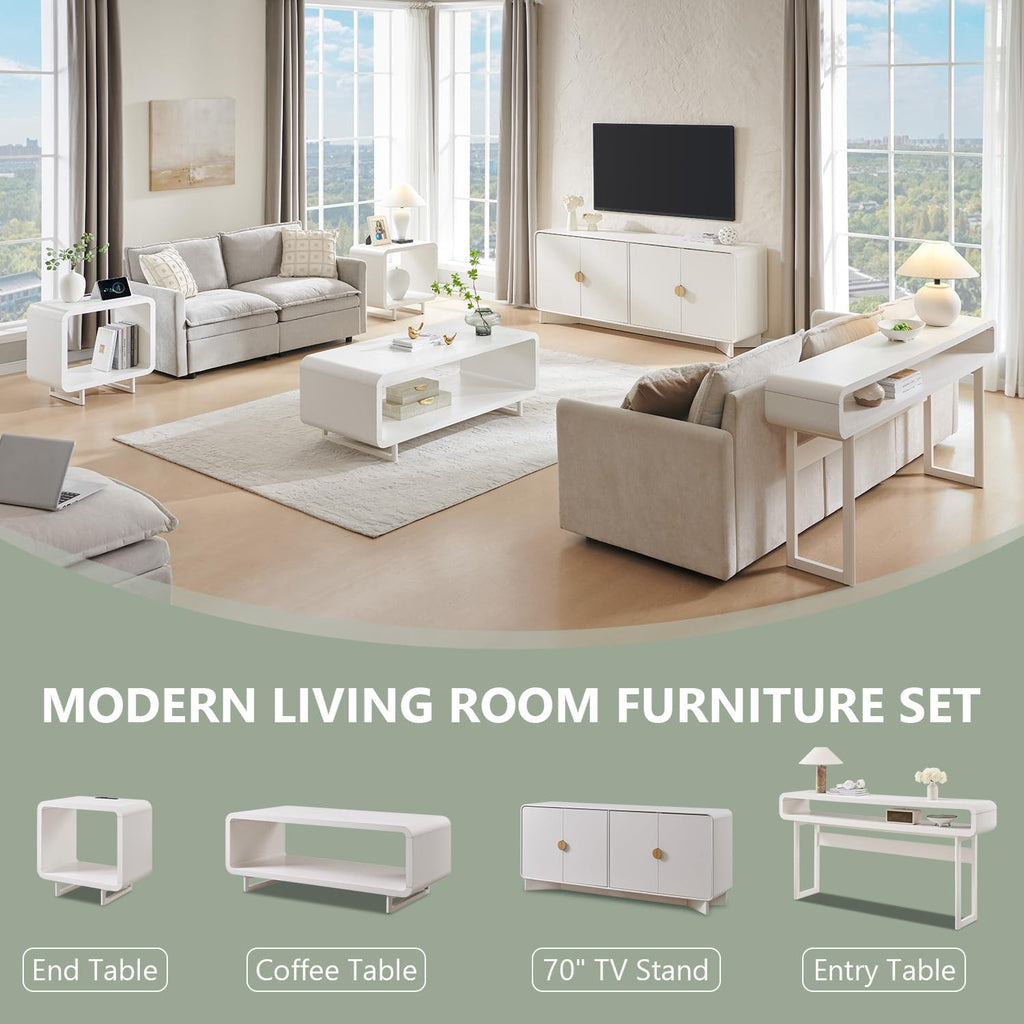 48" Modern Coffee Table, 2-Tier Minimalist Curved Center Table, White