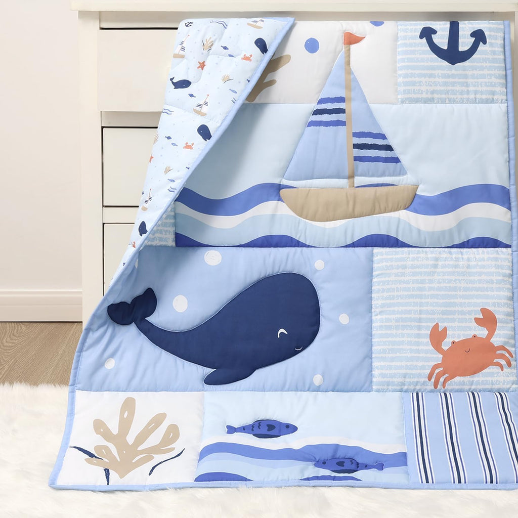 3 Piece Nautical Patch Baby Crib Bedding Set Boy, Baby Blanket Quilt, Fitted Crib Sheets for Boys, Navy & Blue