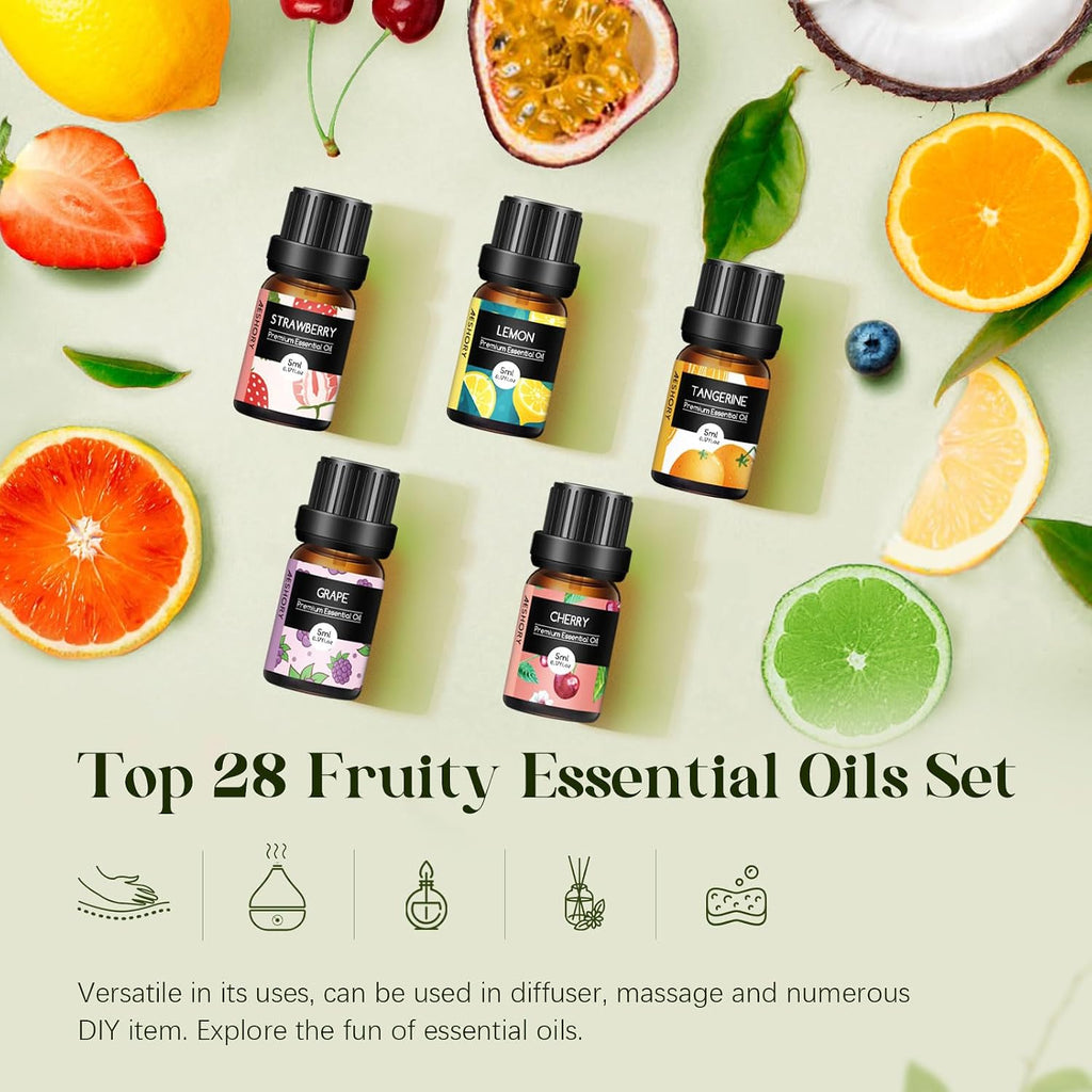 Fruity Essential Oils Set - Top 28 Fruit Fragrance Oil for Candle Making, Diffusers - Strawberry, Apple, Pineapple - Set of 28