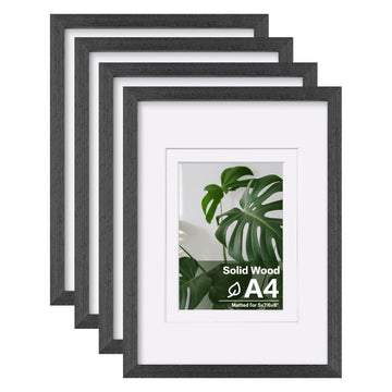 A4 Picture Frames Set of 4, Made of Solid Wood Covered by Plexiglass 5x7 and 6x8 with Mat or A4 without Mat, for