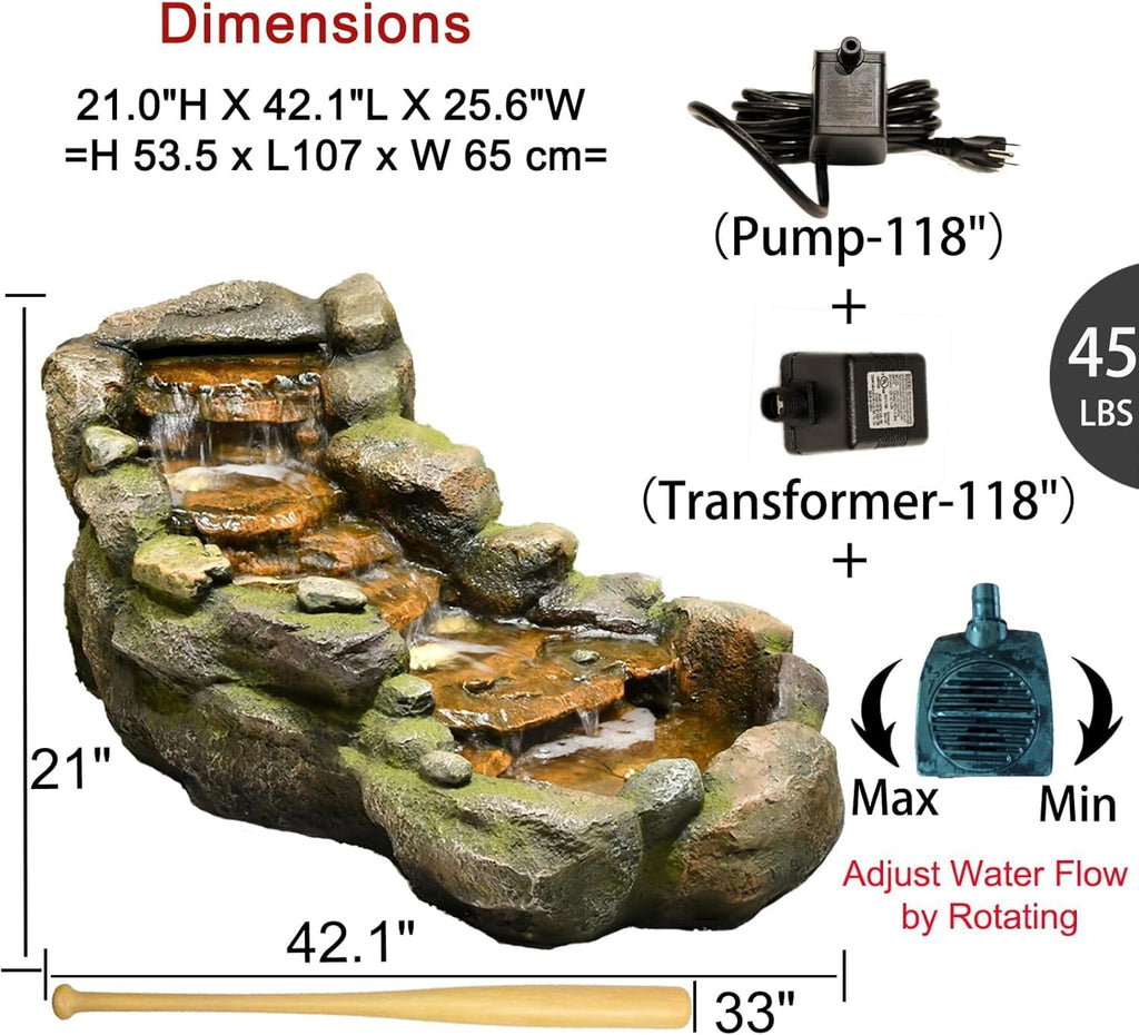 42.1" L Garden Water Fountain Outdoor, Floor Standing Mutiply Tiered Rock Outdoor Fountains with LED Lights and Pumps
