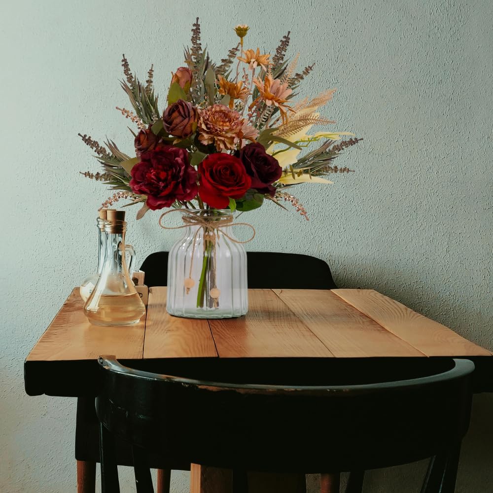 Dahlia Flower Aritificial Flower with Vase Fake Silk Flowers in Glass Vase Faux Rose Flowers Arrangement Table