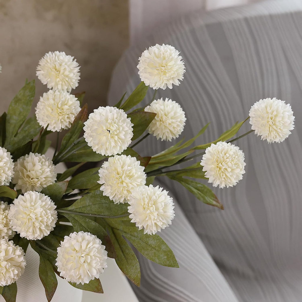 6 Pcs 27" Faux Silk Pompon Mum Artificial Flowers for Vase(Cream) | Bulk Fake Chrysanth Branches with Stems, for DIY