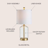 19.5" Brass Gold and Clear Glass Table Lamp, Glam Transitional Bedside Lamp Nightstand, White Linen Drum Shade