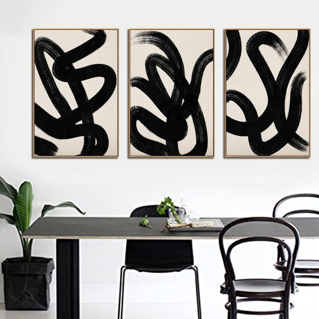 Framed Wall Art Canvas Set Abstract Lines Pictures Modern Mid Century Boho Wall Decor Minimalist Abstract Black