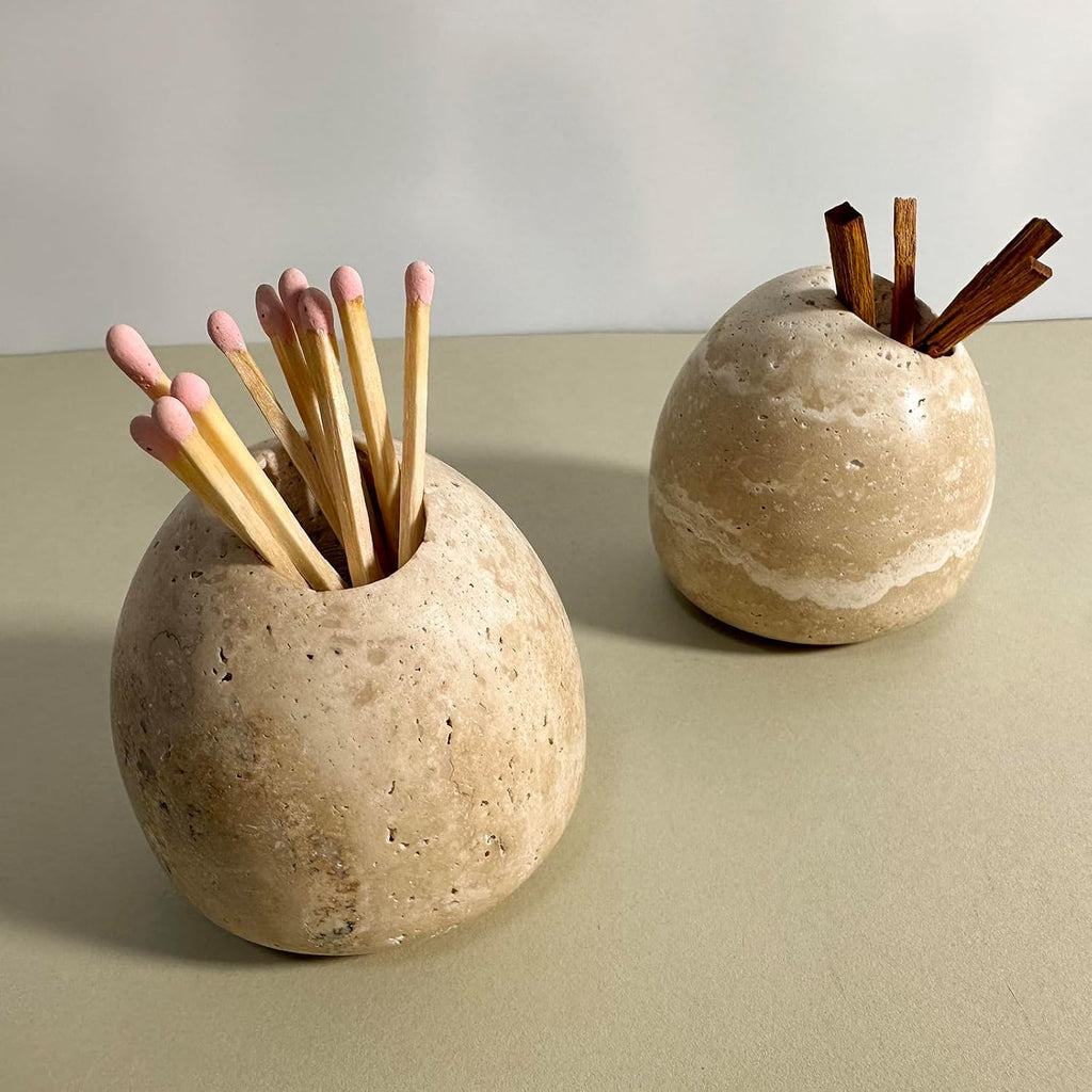 100% Travertine Match Holder |Toothpick Holder | Cute Beige Match Cloche | Matches Jar Box for Candles or Bathroom