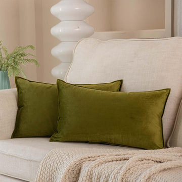 Velvet Lumbar Throw Pillow Covers 14x24 Set of 2, Olive