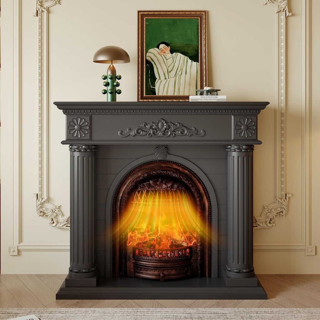 Solid Wood Electric Fireplace TV Stand, 52" Electric Fireplace with Mantel, Roman Column Entertainment Center with