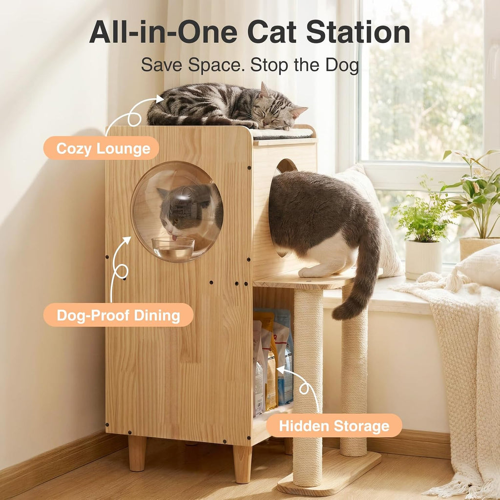 Dog Proof Cat Feeding Station Elevated Food Table with Scratch Posts
