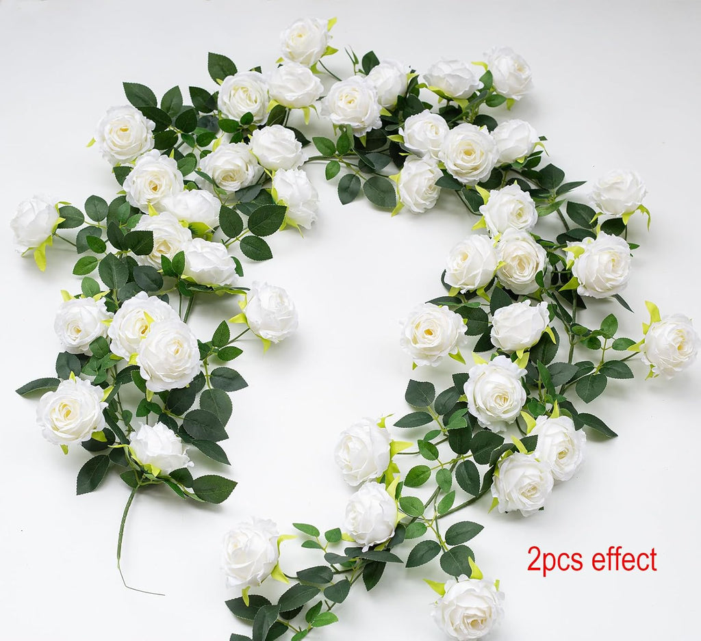 12Ft Bendable Flower Garland Faux Rose Vine for Wedding Decor,White - Set of 2