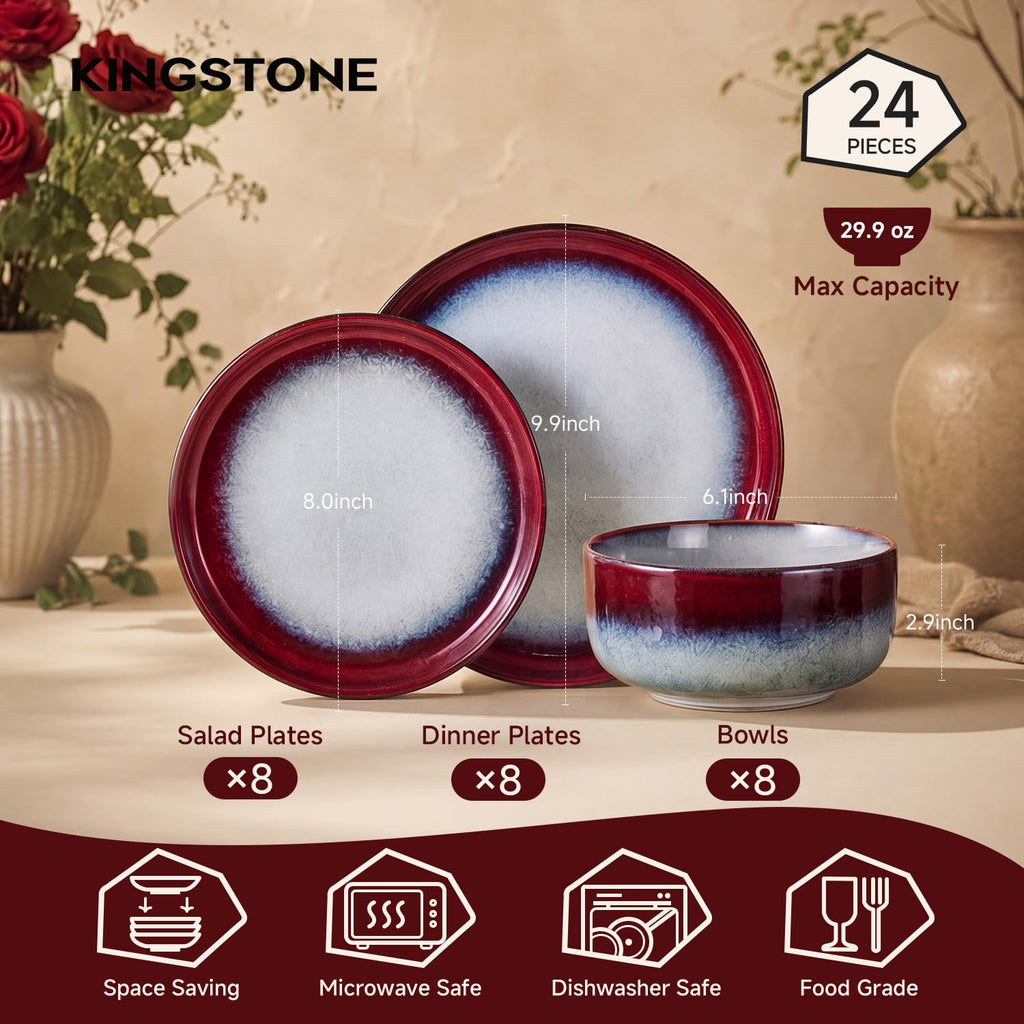 Dinnerware Set for 8, Red Reactive Glaze Plates and Bowls Sets