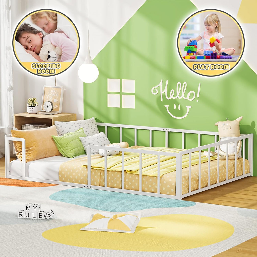 Full Floor Bed for Kids Metal Montessori Bed Frame Playroom Bedroom | Features a slatless, 360° fully enclosed metal