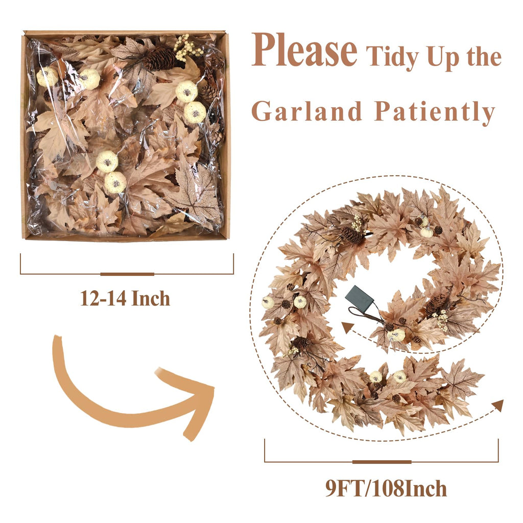 9 FT Lighted Fall Garland with Lights Autumn Automatic ON/Off Timer