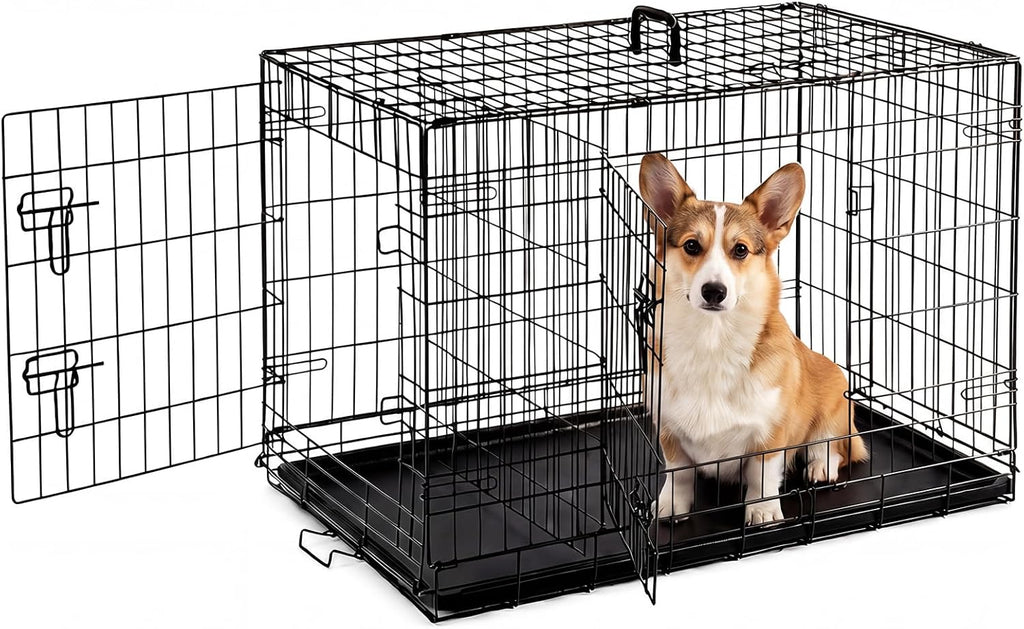 Large Dog Crate, 36 Inch Double Door Folding Metal Wire Dog Cage with Plastic Leak-Proof Pan Tray