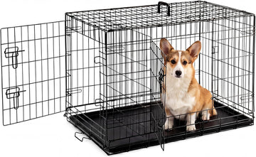 Large Dog Crate, 36 Inch Double Door Folding Metal Wire Dog Cage with Plastic Leak-Proof Pan Tray