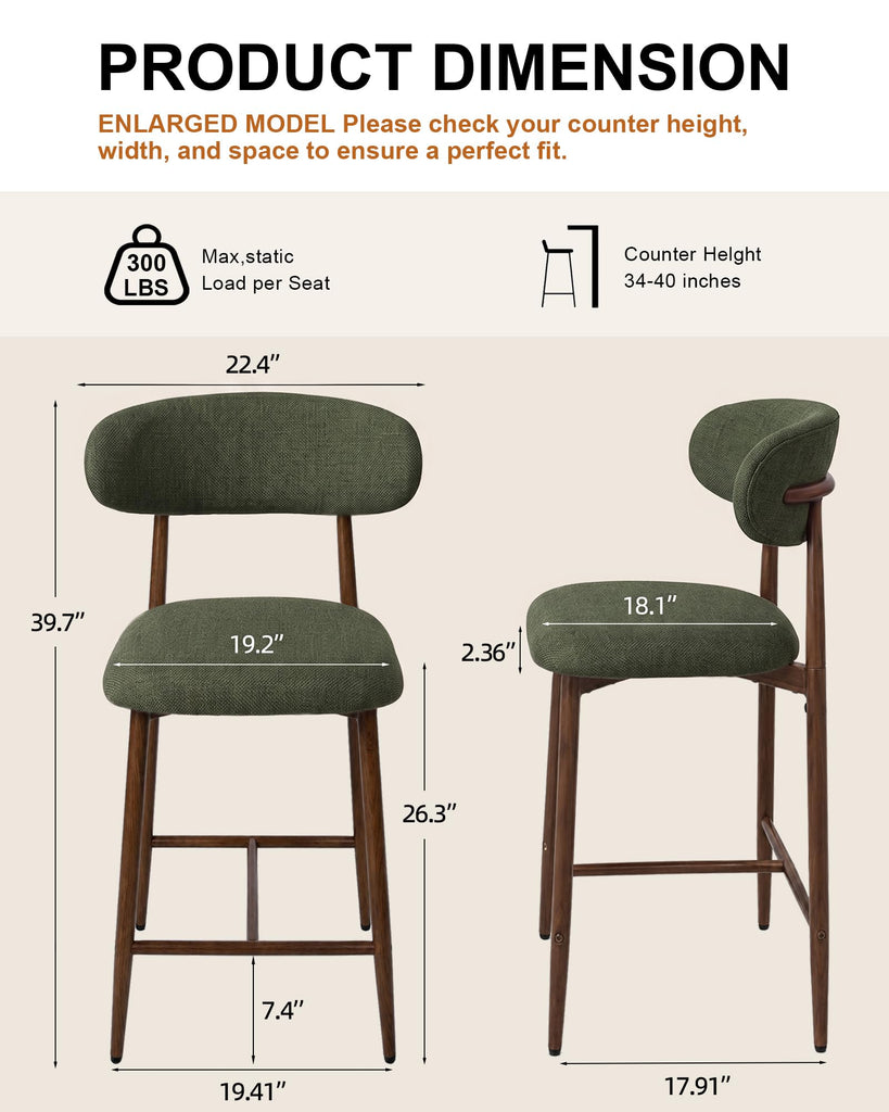 Metal Bar Stools Set of 2, 26′′ Counter Height Bar Stools with Backs, Mid Century Modern Upholstered Barstools