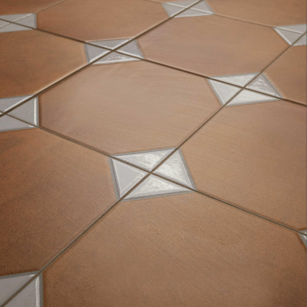 Terracotta Cotto & White Geometric Porcelain Floor and Wall Tile 13" x 13", Matte Vintage Pattern Decorative Tile