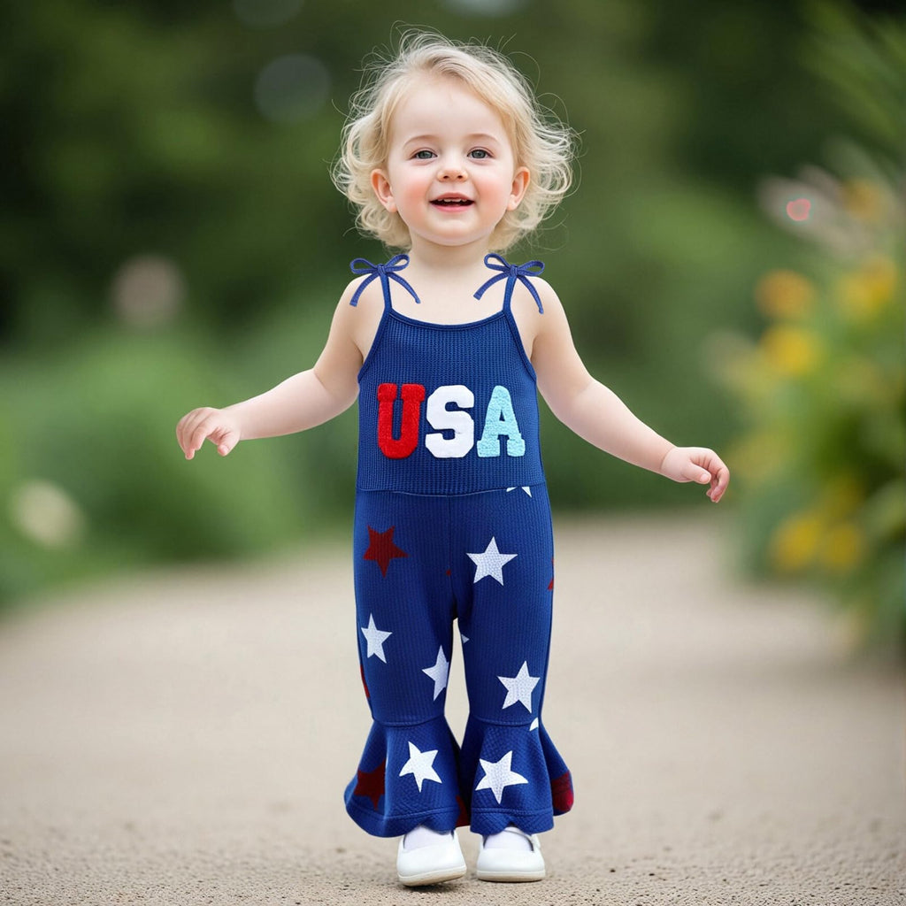 4th of July Toddler Girl Outfit USA Romper Spaghetti Strap Bell Bottom Jumpsuit Overall Baby Fourth of July Outfits