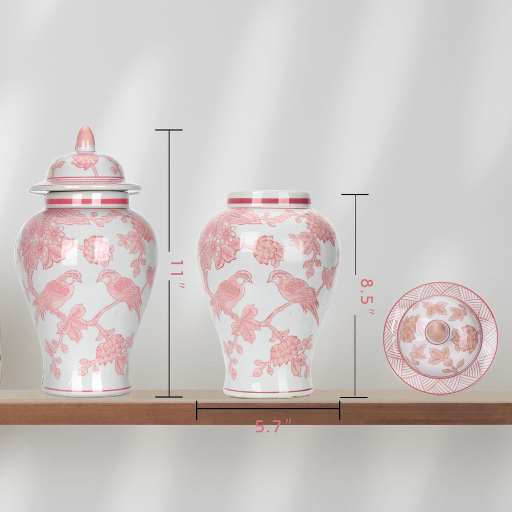 11′′ Pink Ginger Jar with Lid Porcelain Stylized Songbirds Floral Temple Jar