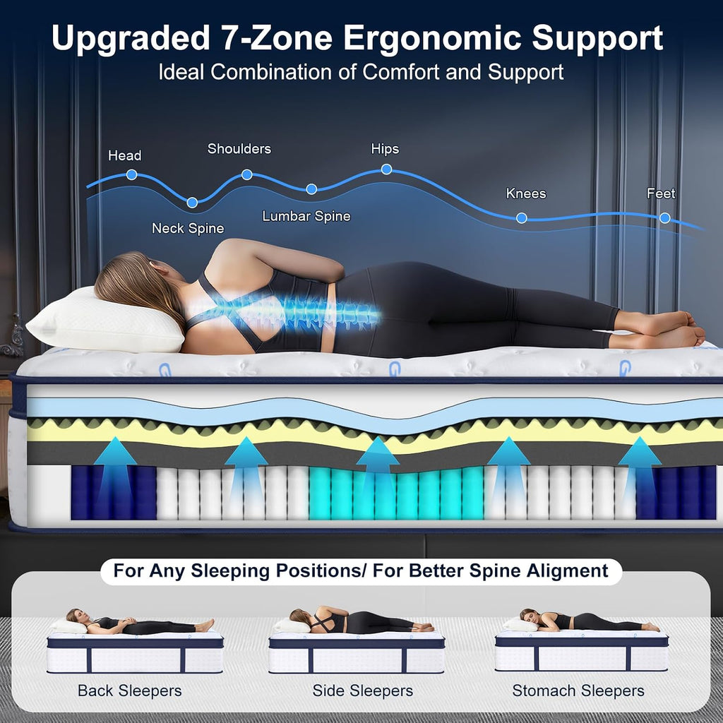 14 Inch California King Size Mattress, Upgraded 7-Zone Support Hybrid Mattress In A Box with Cooling Gel Memory Foam